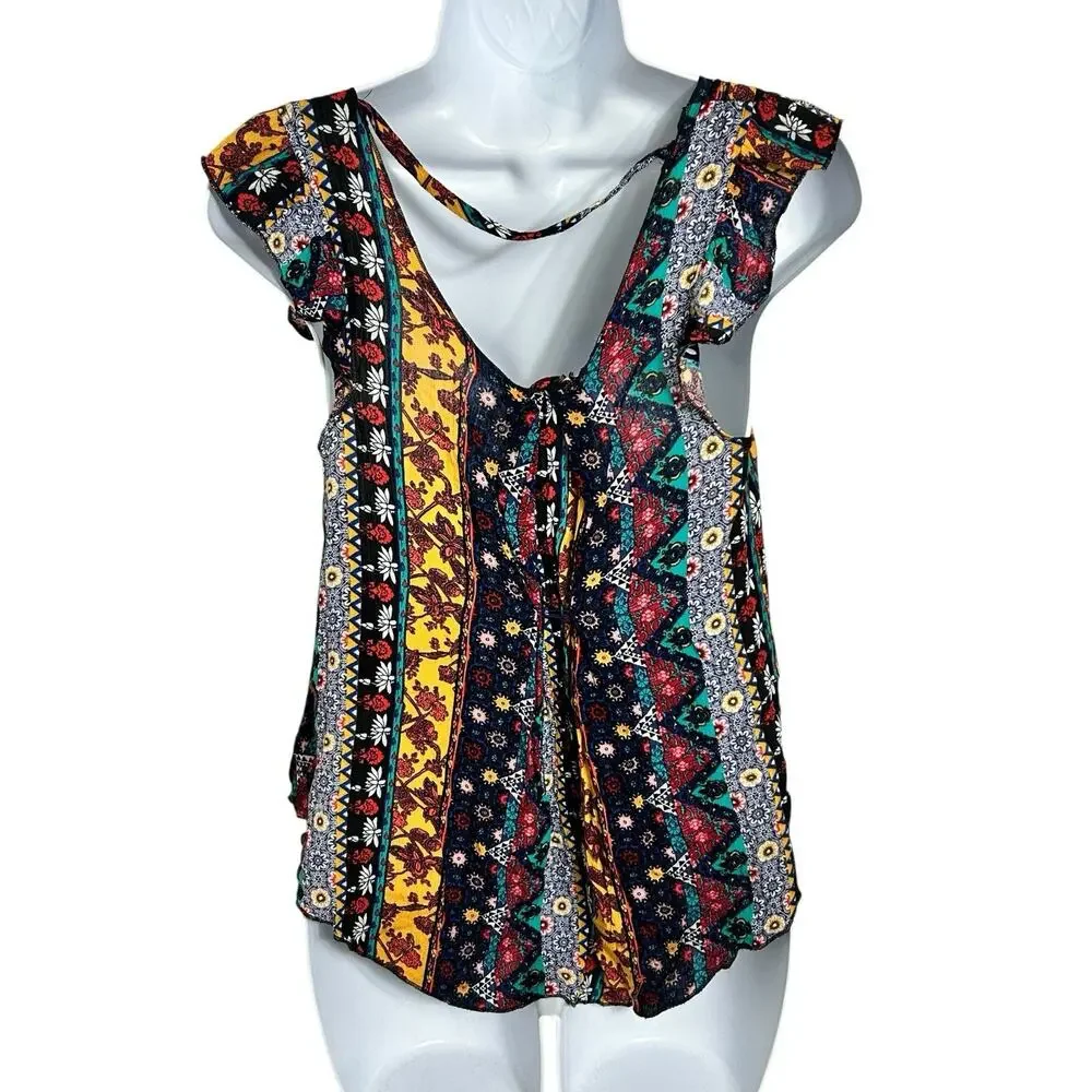 Belle Du Jour Boho Blouse Sz Small Scoop Neck Loose Multi Print Artisan Top - Picture 6 of 7